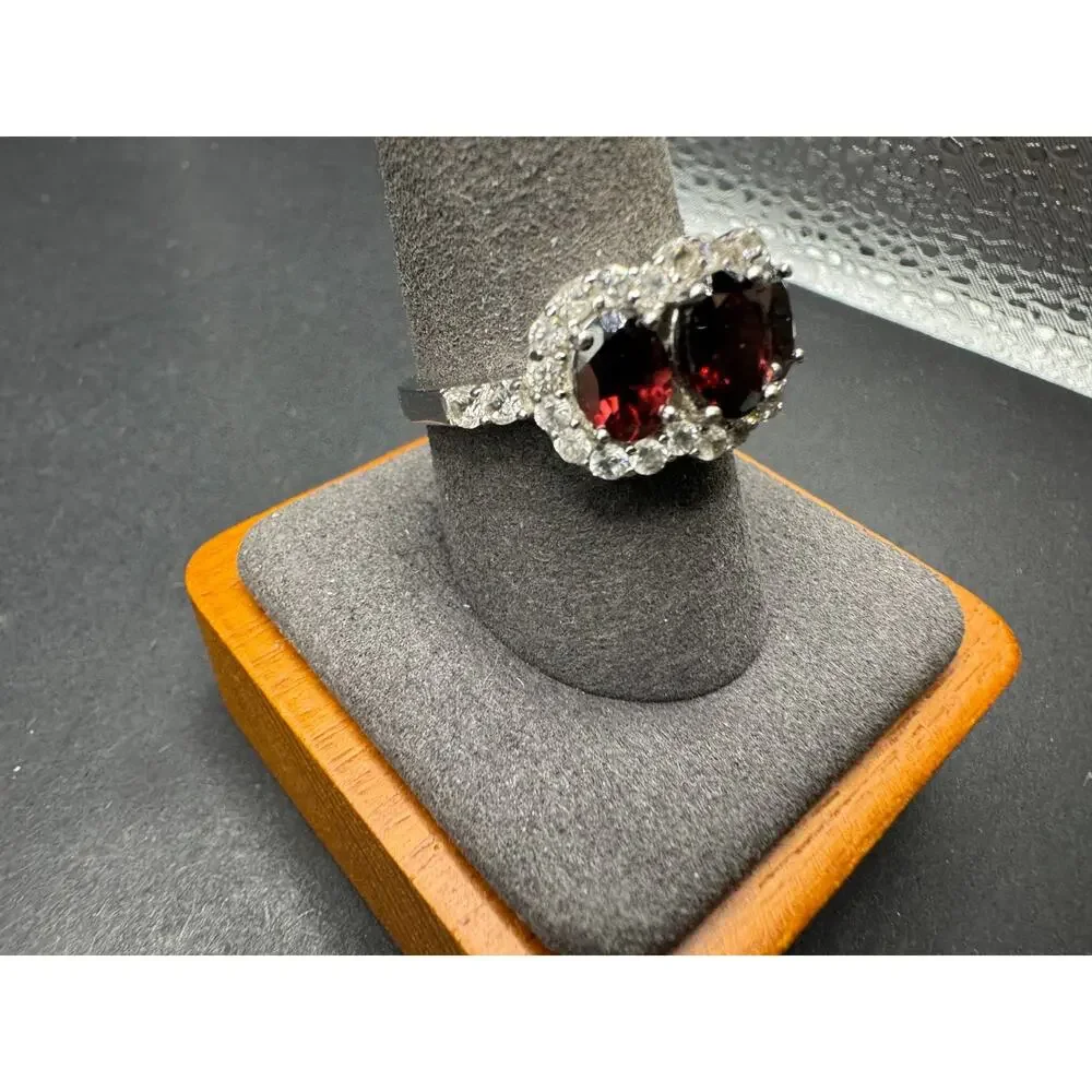 Vintage 925 Sterling Silver 3 Stone Red Garnet CZ Halo Ring Size 10